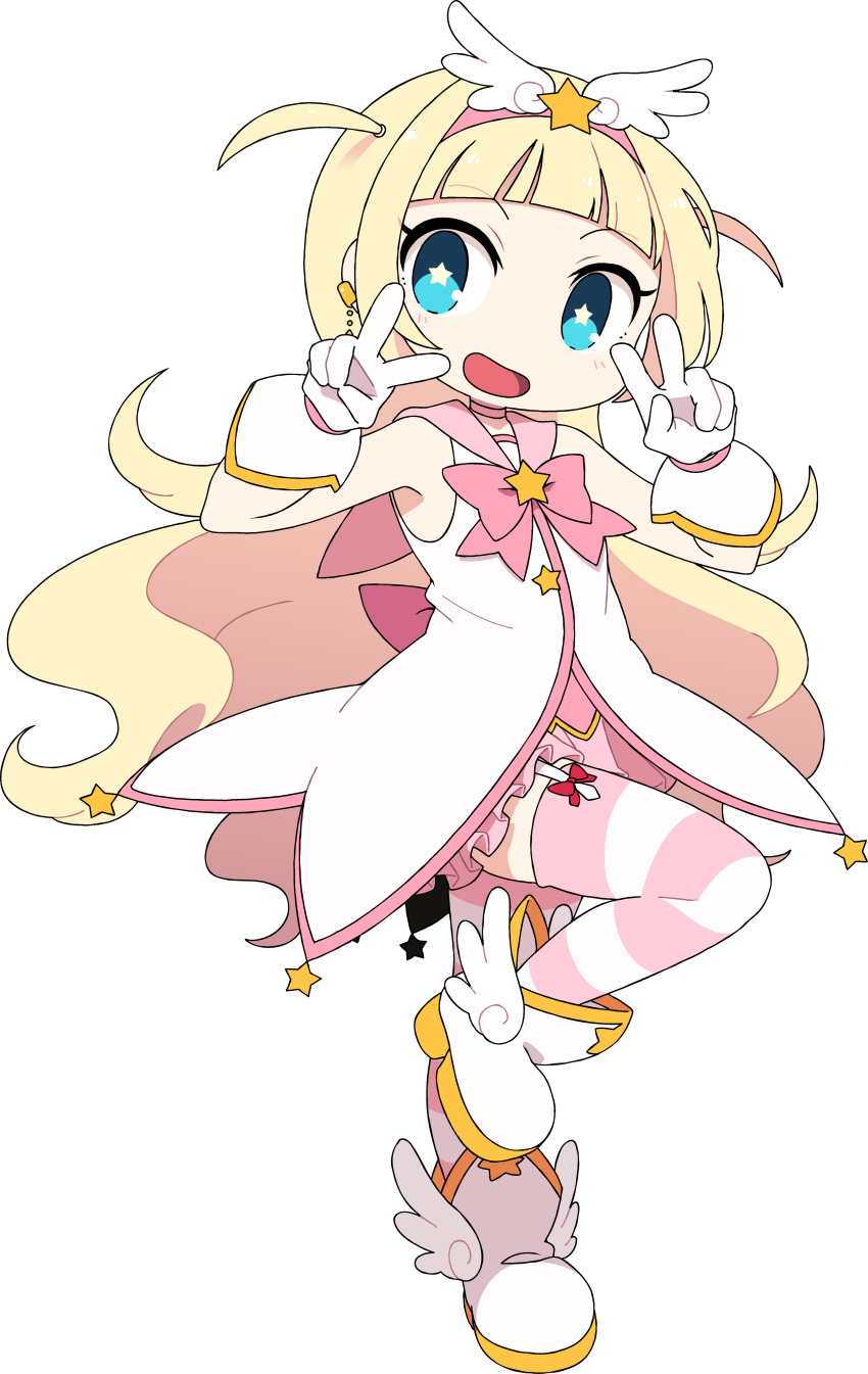 1girl, absurdres, bangs, blue_eyes, blunt_bangs, double_v, full_body, garter_belt, hair_ornament, highres, kneehighs, loli, long_hair, magical_girl, milch, milchchan, official_art, original, sailor_collar, socks, v