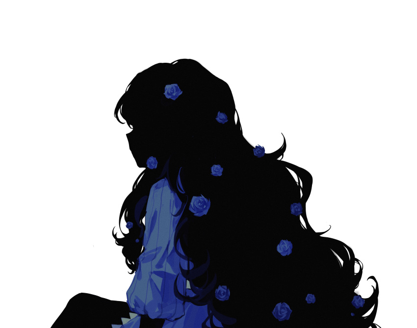 1girl, absurdres, back, barbara_(shadows_house), black_hair, black_skin, blue_dress, blue_flower