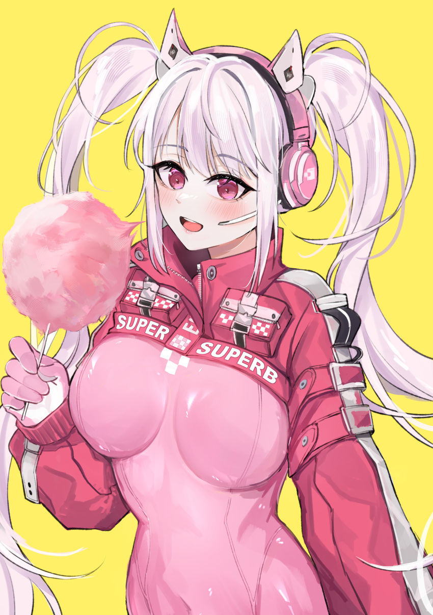 1girl, :d, absurdres, alice_(nikke), animal_ear_headphones, animal_ears, blush, bodysuit, breasts, clothes_writing, cotton_candy, fake_animal_ears, food, gloves, goddess_of_victory:_nikke, hair_intakes, headphones, headset, helandyck, highres, holding, holding_food, impossible_bodysuit, impossible_clothes, jacket, latex, latex_bodysuit, long_hair, medium_breasts, multicolored_clothes, multicolored_gloves, open_mouth, pink_bodysuit, pink_eyes, red_jacket, shiny, shiny_clothes, shrug_(clothing), simple_background, smile, solo, twintails, upper_body, white_hair, yellow_background