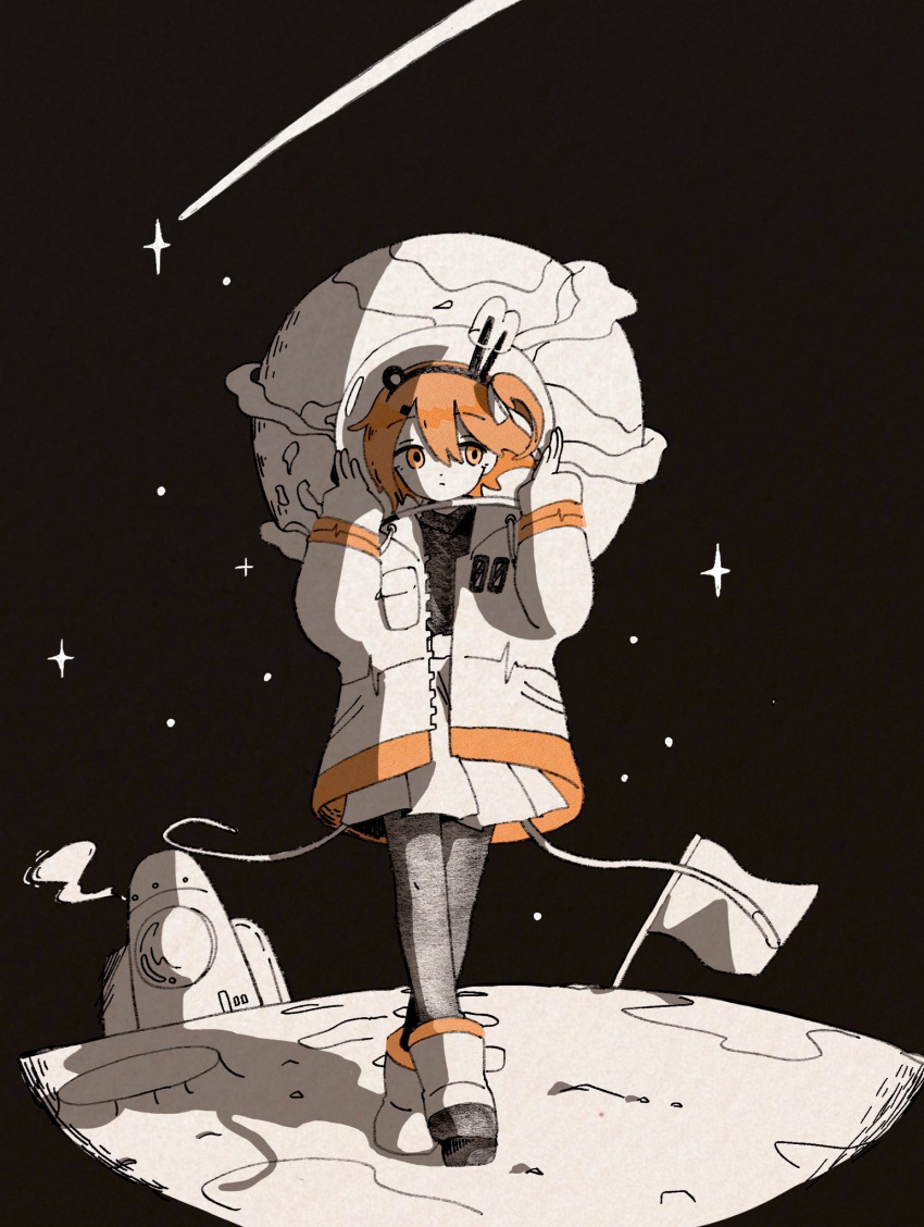 1girl, a.i._voice, adachi_rei, bangs, belt, black_hairband, black_leggings, black_shirt, boots, cable, clouds, crater, earth_(planet), empty_eyes, expressionless, flag, gloves, hair_ornament, hair_ribbon, hairband, hairclip, hands_on_own_head, headlamp, highres, jacket, leggings, long_sleeves, looking_to_the_side, medium_hair, moon, open_clothes, open_jacket, orange_eyes, orange_hair, parka, planet, pleated_skirt, radio_antenna, ribbon, sabaku_(saba9), shadow, shirt, shooting_star, side_ponytail, skirt, sky, solo, sound_wave, space, space_helmet, spacecraft, star_(sky), starry_sky, swept_bangs, turtleneck, utau, utility_belt, white_footwear, white_gloves, white_jacket, white_ribbon, white_skirt