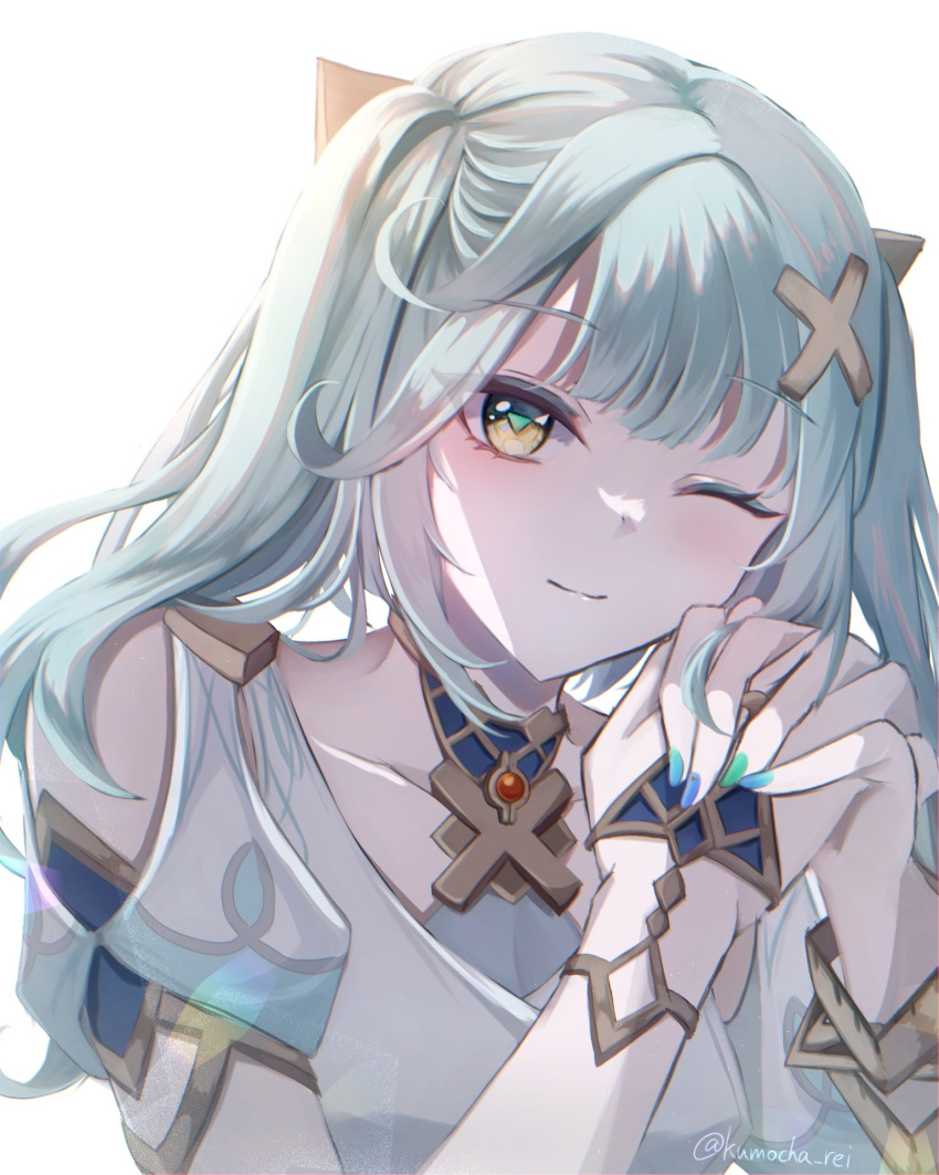 1girl, aqua_hair, aqua_nails, closed_mouth, dress, faruzan_(genshin_impact), genshin_impact, hair_ornament