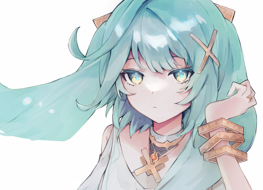 1girl, aqua_hair, bracelet, closed_mouth, faruzan_(genshin_impact), genshin_impact, hand_up, haru_(eharuru_32)