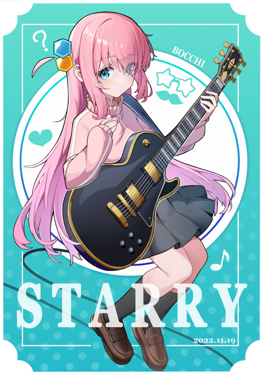 1girl, ?, bangs, black_skirt, black_socks, blue_eyes, bocchi_the_rock!, brown_footwear