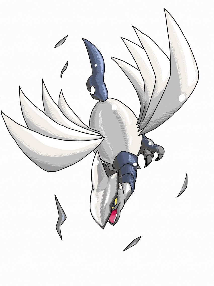 animal_focus, bird, claws, colored_sclera, commentary_request, feathers, flying, full_body, grey_eyes, highres, munna_(pixiv_4032814), no_humans, open_mouth, partial_commentary, pokemon, pokemon_(creature), sharp_teeth, simple_background, skarmory, solo, teeth, white_background, yellow_sclera