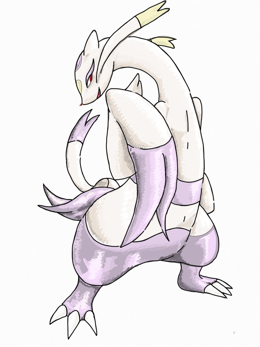 1other, animal_ears, animal_feet, animal_nose, blush, body_fur, claws, colored_eyelashes, commentary_request, furry, half-closed_eyes, hand_up, happy, highres, light_blush, looking_at_viewer, mienshao, munna_(pixiv_4032814), open_mouth, other_focus, partial_commentary, pokemon, pokemon_(creature), purple_fur, red_eyes, simple_background, smile, snout, solo, tail, two-tone_fur, whiskers, white_background, white_fur