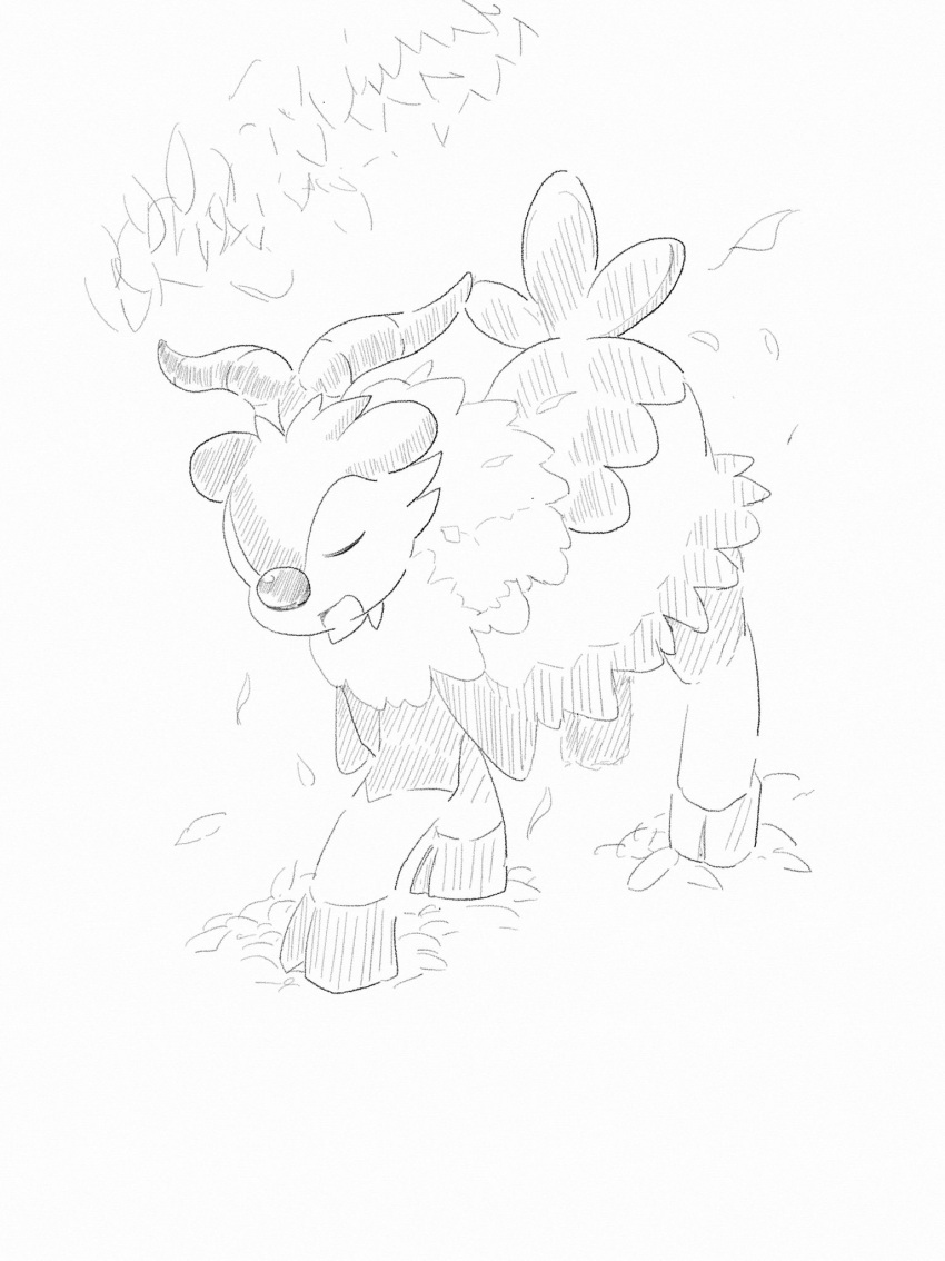 animal_focus, closed_eyes, commentary_request, full_body, fur_collar, goat, greyscale, highres