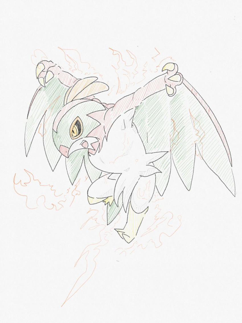 animal_focus, arms_up, bird, black_sclera, claws, colored_sclera, commentary_request, fire