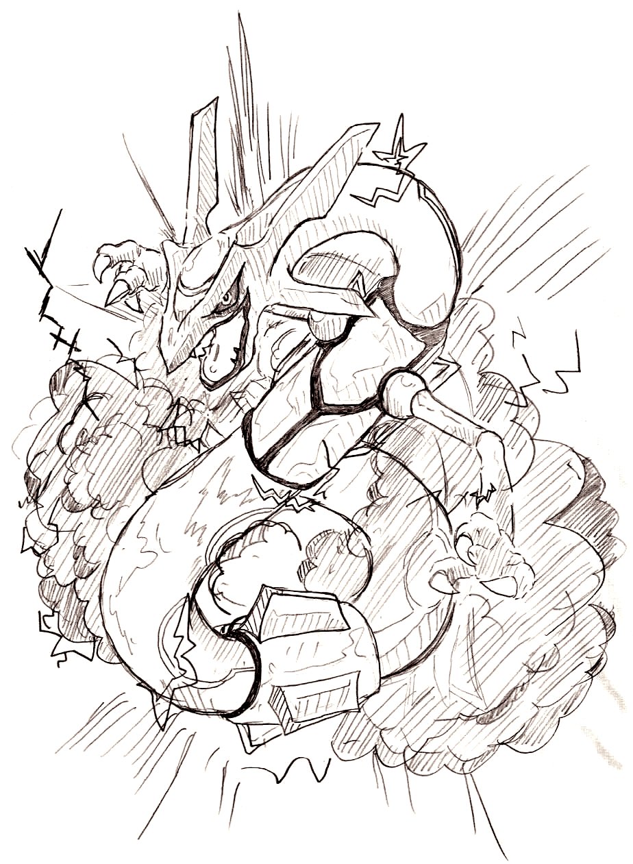 animal_focus, claws, clouds, commentary_request, dragon, emphasis_lines, fangs, full_body, greyscale, highres, looking_at_viewer, monochrome, munna_(pixiv_4032814), no_humans, open_mouth, partial_commentary, pokemon, pokemon_(creature), rayquaza, sketch, solo, traditional_media, white_background