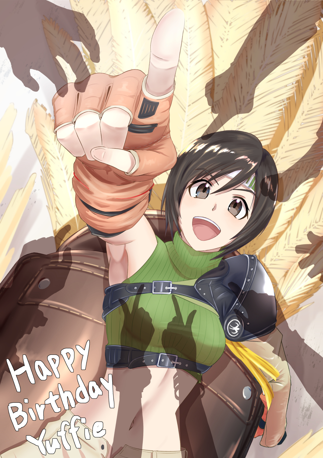 :d, armor, armpits, birthday, black_hair, breasts, brown_eyes, brown_shorts, character_name, chocobo, cropped_sweater, english_text, excited, feathers, final_fantasy, final_fantasy_vii, fingerless_gloves, forehead_protector, foreshortening, from_above, gloves, green_sweater, headband, highres, index_finger_raised, kazaguruma2600, lying, medium_breasts, midriff, navel, on_back, open_fly, open_mouth, orange_gloves, pauldrons, perspective, pointing, pointing_forward, romaji_text, saddle, shadow, short_hair, shorts, shoulder_armor, single_bare_shoulder, single_pauldron, sleeveless, sleeveless_sweater, sleeveless_turtleneck, smile, sweater, turtleneck, turtleneck_sweater, v-shaped_eyebrows, yuffie_kisaragi