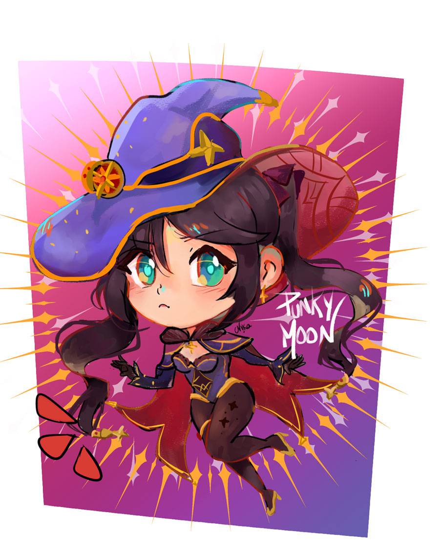 1girl, bangs, cape, chibi, earrings, genshin_impact, green_eyes, hat