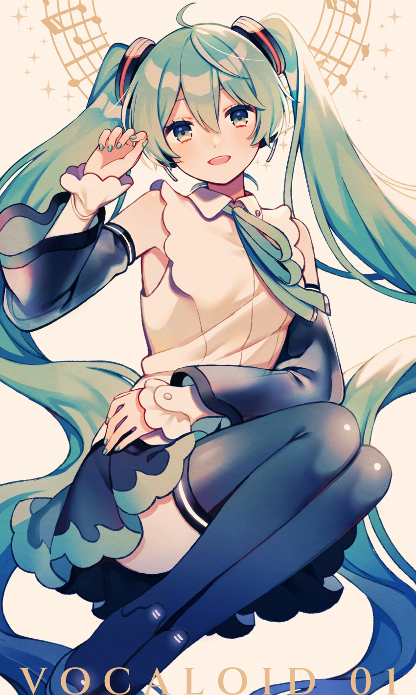 1girl, absurdres, aqua_eyes, aqua_hair, aqua_ribbon, bare_shoulders, black_footwear, blue_eyes
