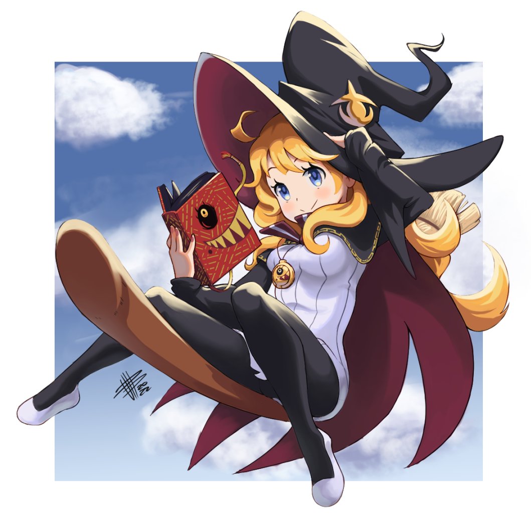 blonde_hair, blue_eyes, book, broom, broom_riding, flying, hat, holding, holding_book, jewelry, luca_(coven), mateus_upd, pendant, refrain_no_chika_meikyuu_to_majo_no_ryodan, sky, witch, witch_hat