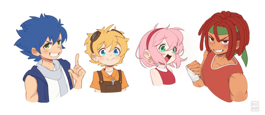 1girl, 3boys, amy_rose, bangs, bare_shoulders, bishounen, blonde_hair, blue_eyes