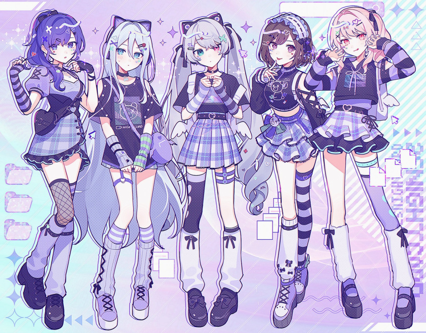 1other, 25-ji_miku, 25-ji_night_code_de._(project_sekai), :p, akiyama_mizuki, androgynous, angel_wings_backpack, asahina_mafuyu, backpack, bag, bangs, bare_shoulders, belt, black_corset, black_footwear, black_handbag, blue_eyes, blush, bow, brown_eyes, brown_hair, cat_ear_headphones, closed_mouth, collar, corset, crop_top, cropped_jacket, dress, elbow_gloves, fingerless_gloves, fishnets, garter_belt, gloves, grey_hair, hair_between_eyes, hair_bow, hair_ornament, hair_ribbon, hairclip, handbag, hatsune_miku, headphones, heart_belt, heart_handbag, heterochromia, high_ponytail, highres, kneehighs, long_hair, long_shirt, long_sleeves, looking_at_viewer, multiple_girls, negai_wa_itsuka_asa_wo_koete_(project_sekai), pink_eyes, pink_hair, pleated_skirt, ponytail, project_sekai, purple_hair, ribbon, shinonome_ena, shirt, short_hair, side_ponytail, single_thighhigh, skirt, smile, socks, socks_over_fishnets, striped, striped_gloves, striped_thighhighs, thigh-highs, tongue, tongue_out, turtleneck_crop_top, twintails, very_long_hair, violet_eyes, waka_(wk4444), white_hair, yoisaki_kanade