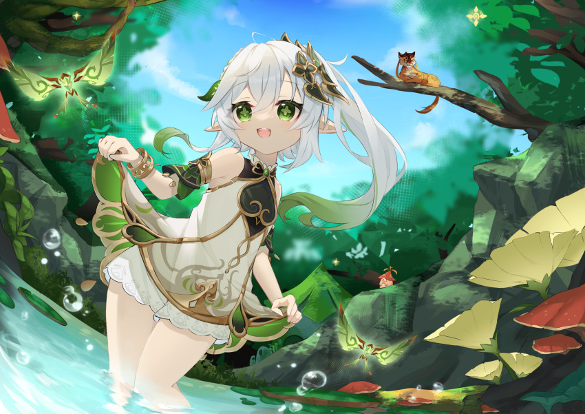 1girl, :d, aranara_(genshin_impact), bangs, bloomers, blue_sky, blurry, bracelet