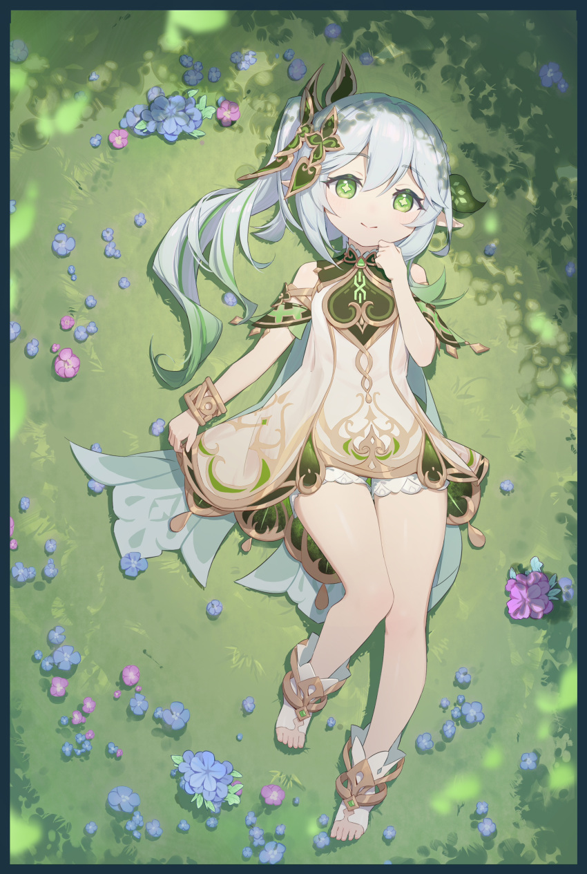 1girl, absurdres, bangs, bh_zhu_baihe_hua, bloomers, bracelet, cape, commentary_request, detached_sleeves, dress, flower, full_body, genshin_impact, gradient_hair, grass, green_eyes, hair_between_eyes, hair_ornament, highres, jewelry, long_hair, looking_at_viewer, looking_up, lying, multicolored_hair, nahida_(genshin_impact), on_back, pointy_ears, short_sleeves, side_ponytail, sidelocks, smile, solo, stirrup_legwear, symbol-shaped_pupils, toeless_legwear, underwear, white_dress, white_hair