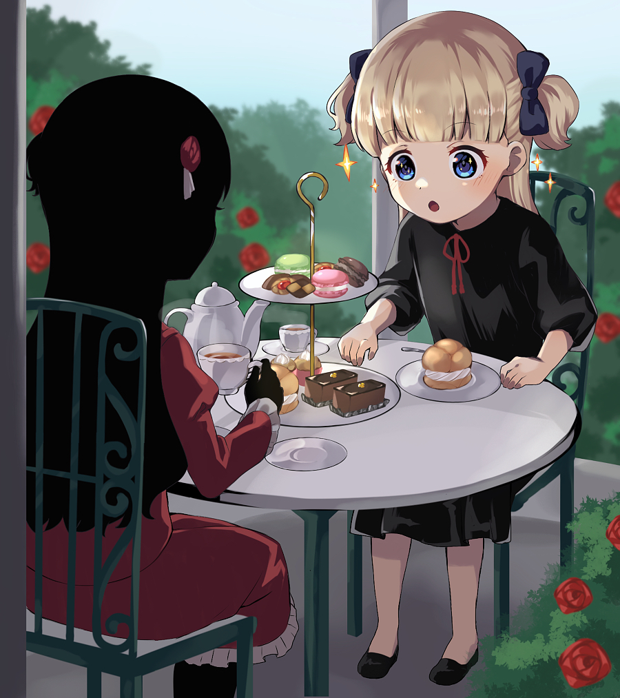 2girls, bangs, black_bow, black_dress, black_hair, black_skin, blonde_hair, blue_eyes, blunt_bangs, bow, bush, chair, colored_skin, cookie, cream_puff, cup, dress, emilico_(shadows_house), flower, food, hair_bow, hair_flower, hair_ornament, kate_(shadows_house), long_hair, long_sleeves, macaron, multiple_girls, open_mouth, outdoors, plate, red_dress, red_flower, red_rose, rose, round_table, shadow_(shadows_house), shadows_house, sitting, table, tea, teacup, teapot, twintails, two_side_up, yomo_(yomooo1313)