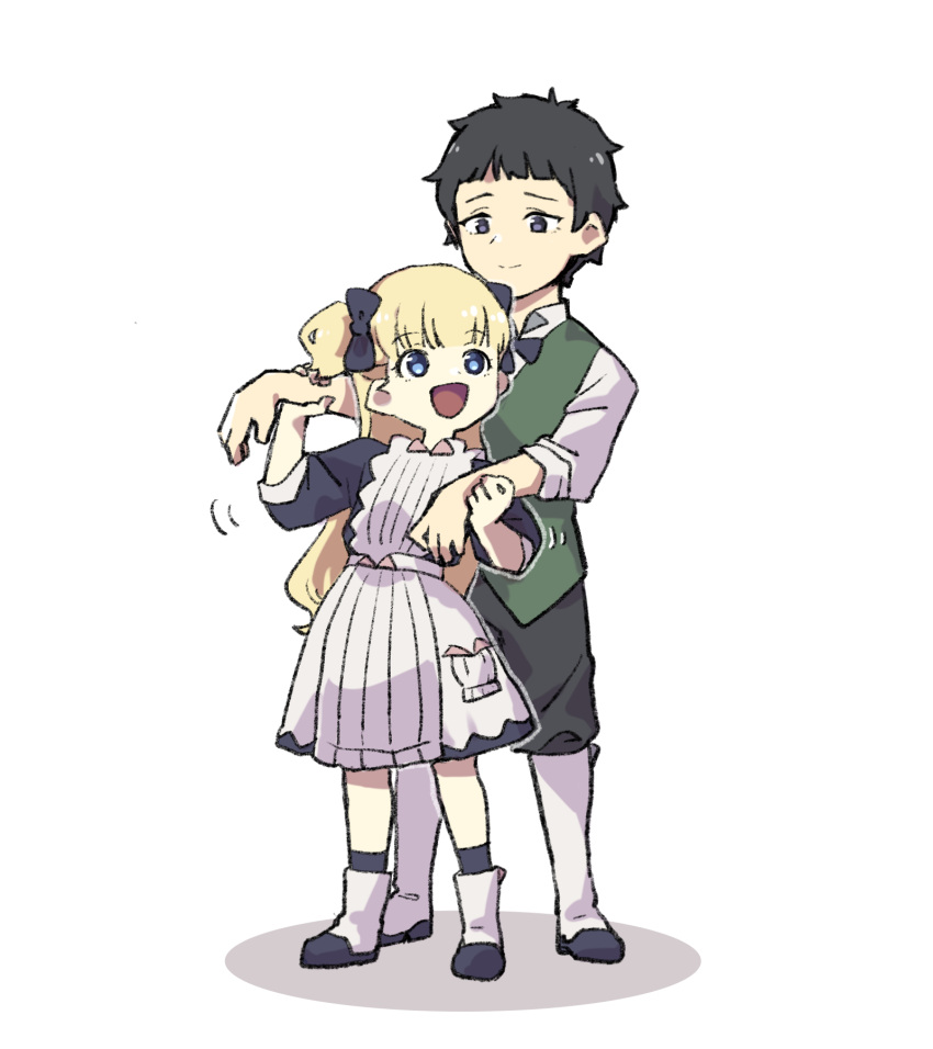 1boy, 1girl, apron, bangs, black_bow, black_hair, blonde_hair, blue_bow