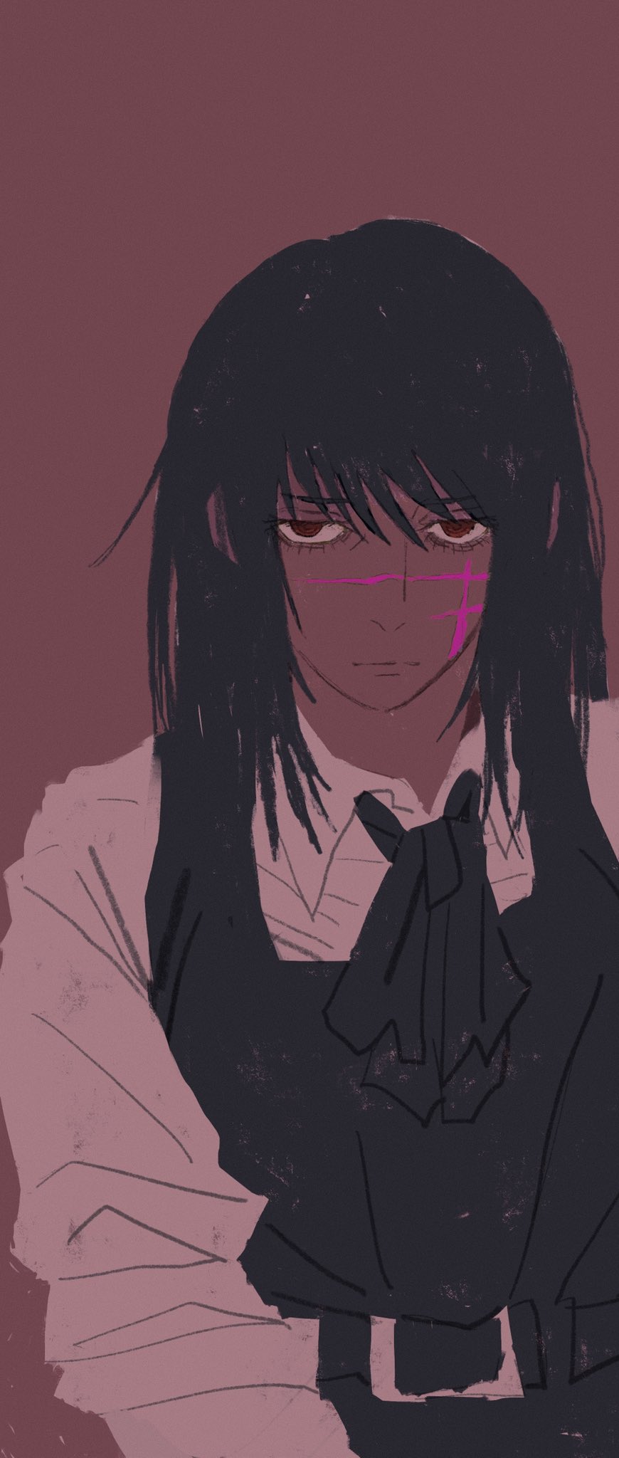 1girl, bangs, black_dress, black_hair, black_ribbon, brown_background, brown_eyes, brown_theme