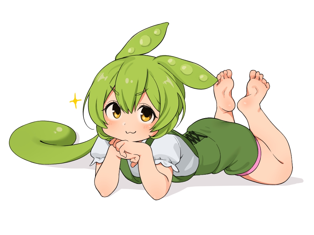 1girl, :3, barefoot, feet, green_hair, green_suspenders, hair_between_eyes, imai_264