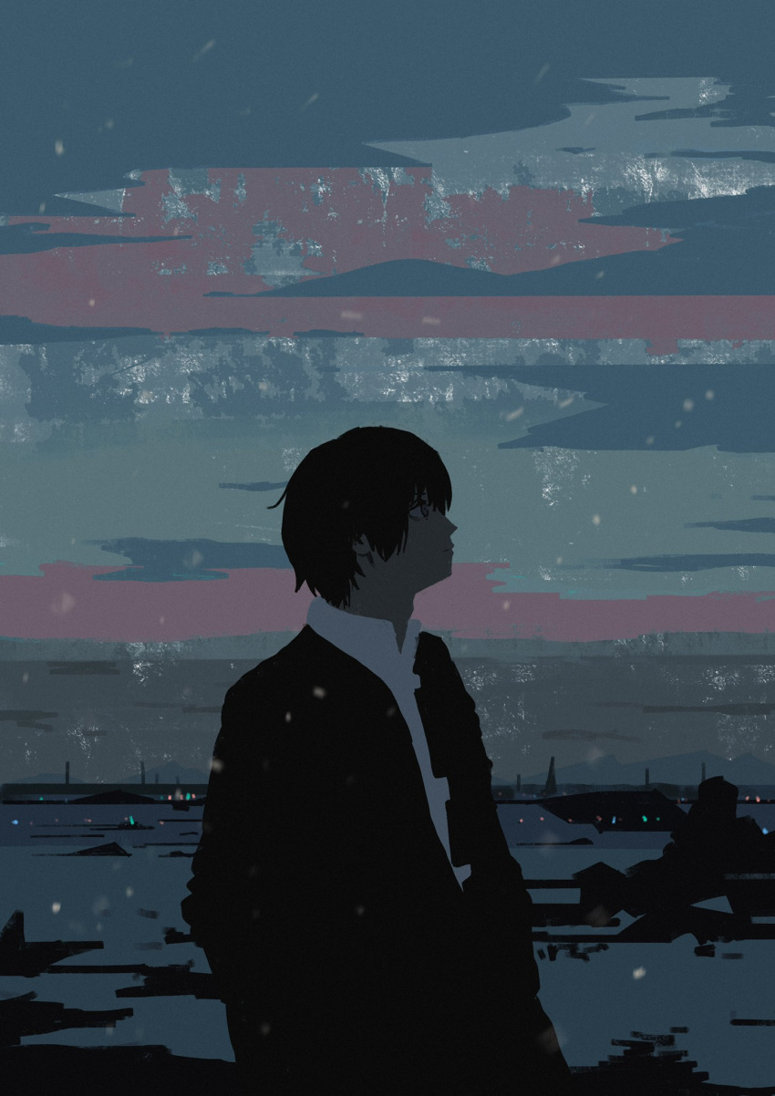 1boy, black_hair, black_jacket, blue_sky, chainsaw_man, clouds, dark, evening