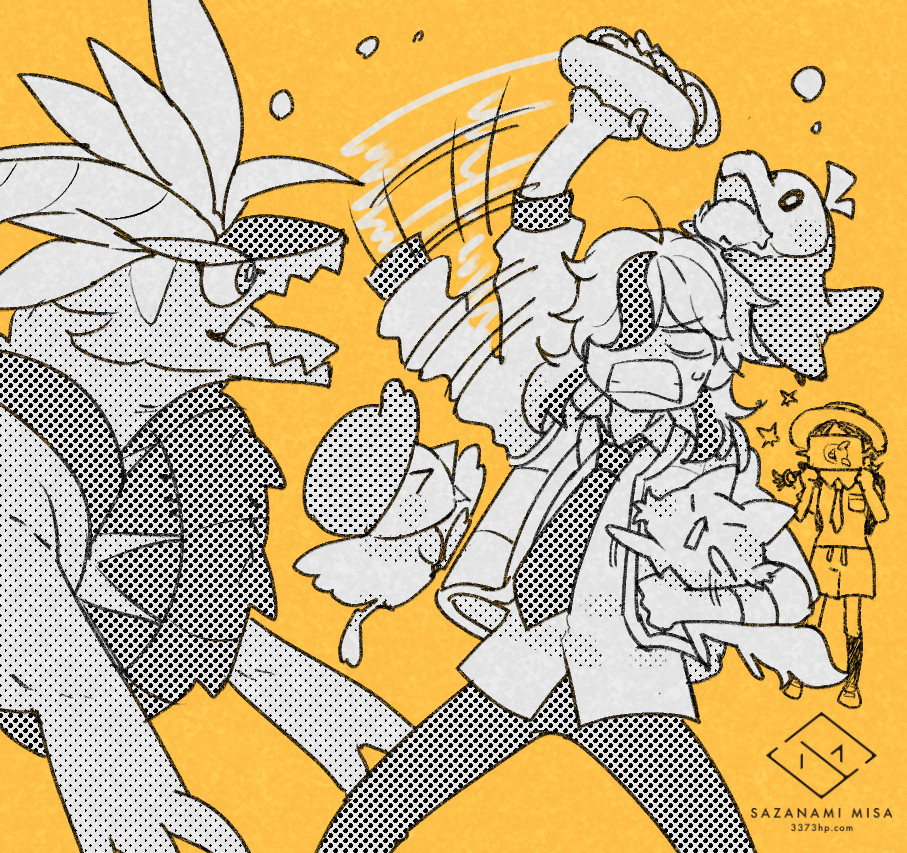 1boy, 1girl, arven_(pokemon), backpack, bag, bangs, food, fuecoco