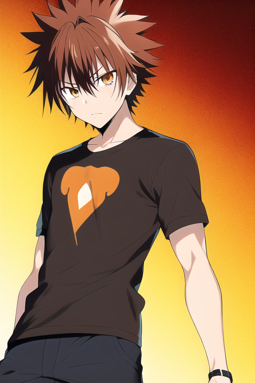 ai-generated, brown_hair, focus, male_focus, manly, non-web_source, orange_eyes, shirt