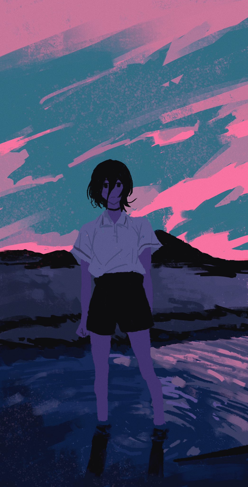 1girl, black_choker, black_hair, black_shorts, chainsaw_man, choker, clouds, collared_shirt