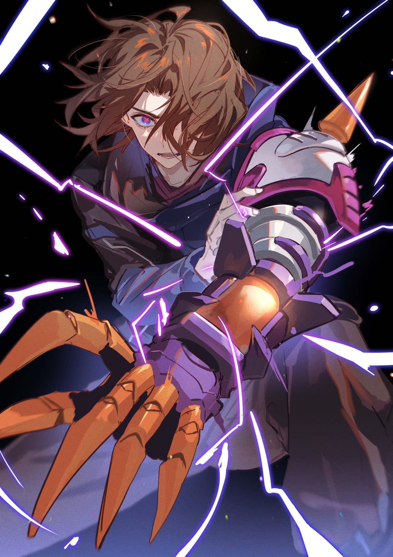 1boy, azuma_michinaga, black_background, black_pants, brown_hair, claw_(weapon), desire_grand_prix_uniform, doran_(doran7280)