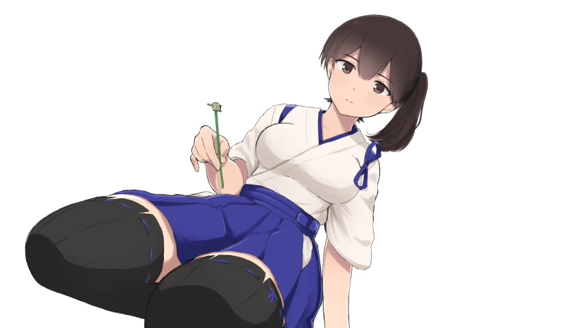 1girl, blue_hakama, breasts, brown_eyes, brown_hair, gaiters, hakama, hakama_short_skirt