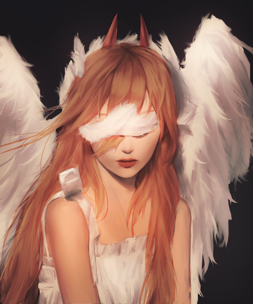 1girl, angel_wings, chainsaw_man, covered_eyes, dress, feathered_wings, feathers, floating_hair