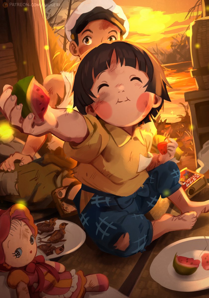 1boy, 1girl, black_hair, blue_pants, blush_stickers, brother_and_sister, commentary, doll, english_commentary, food, fruit, hat, highres, holding, holding_food, holding_fruit, hotaru_no_haka, khyle., pants, patreon_username, plate, seita_(hotaru_no_haka), setsuko_(hotaru_no_haka), shirt, short_sleeves, siblings, sitting, smile, sunset, tank_top, watermelon, white_headwear, white_tank_top, yellow_shirt