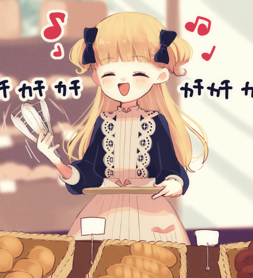 1girl, apron, bangs, basket, blonde_hair, blue_bow, blue_dress, blunt_bangs