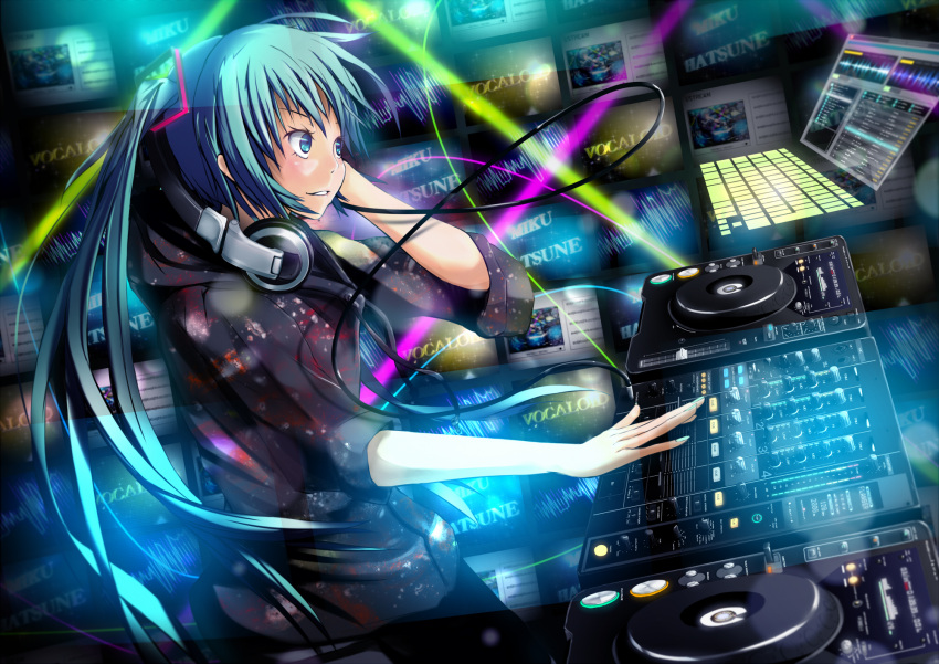 1girl, audio_visualizer, bangs, black_hoodie, blue_eyes, blue_hair, blue_nails, blush, boru_(ochagashi), character_name, commentary_request, computer, copyright_name, cowboy_shot, dj, hair_ornament, hatsune_miku, headphones, headphones_around_neck, highres, hood, hood_down, hoodie, laptop, long_hair, looking_afar, mixing_console, nail_polish, parted_lips, smile, solo, soundboard, television, turntable, twintails, very_long_hair, vocaloid