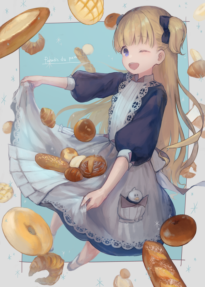 1girl, apron, baguette, baicha_oqqa, bangs, blonde_hair, blue_bow, blue_dress