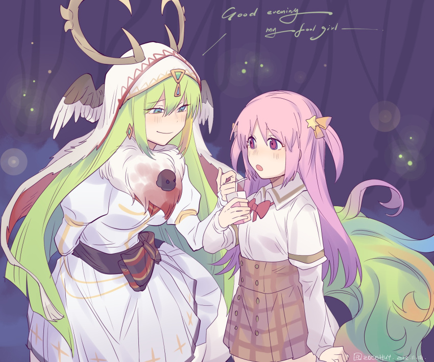 2girls, alina_gray, antlers, aqua_eyes, bangs, bow, bowtie, brown_skirt