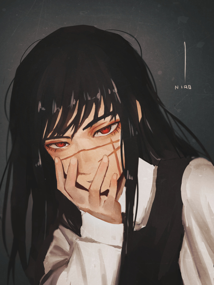 1girl, absurdres, artist_name, black_background, black_hair, chainsaw_man, collared_shirt, covering_mouth, cross_scar, dark_background, dress, highres, long_hair, looking_at_viewer, messy_hair, niroxin, pinafore_dress, red_eyes, scar, scar_on_cheek, scar_on_face, shirt, solo, white_shirt, yoru_(chainsaw_man)