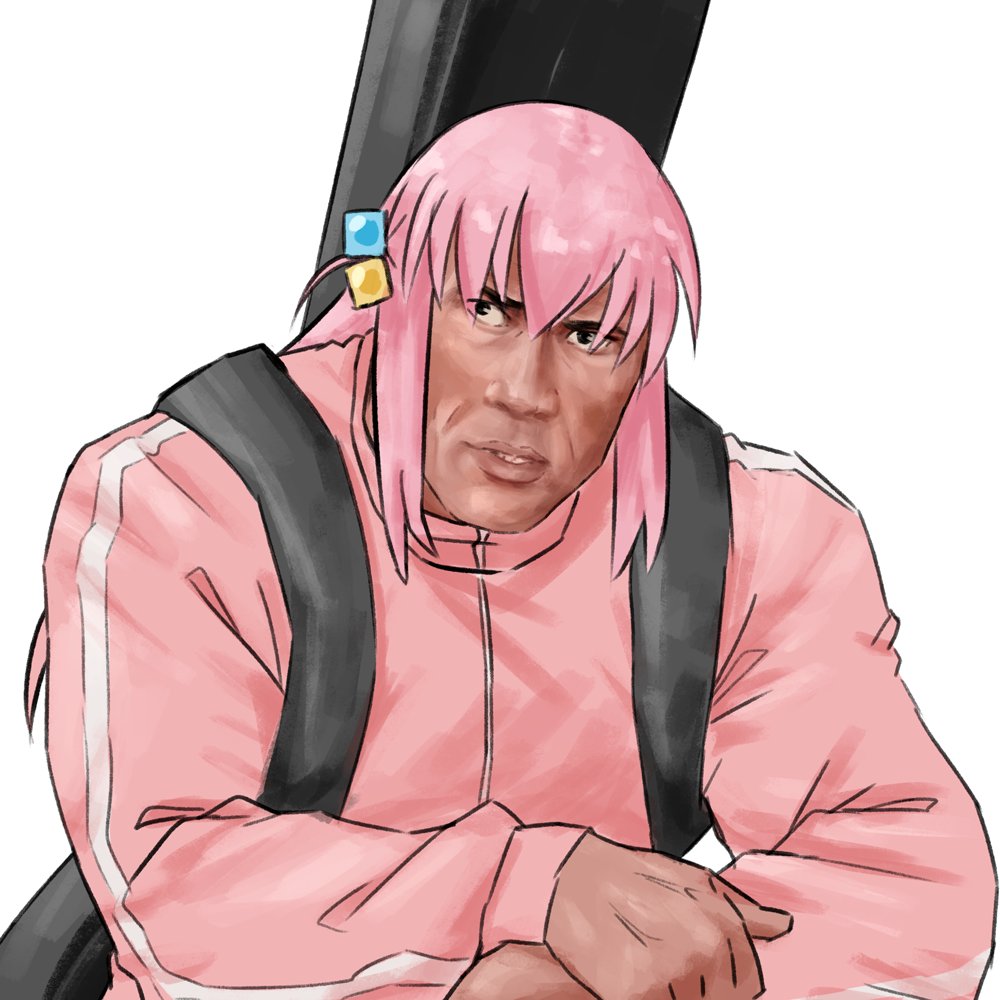1boy, backpack, bag, bangs, bocchi_the_rock!, cosplay, cube_hair_ornament, dark-skinned_male, dark_skin, gotou_hitori, gotou_hitori_(cosplay), guitar_case, gurumo_(twitter), hair_ornament, instrument_case, jacket, jersey, meme, pink_hair, pink_jacket, pink_track_suit, sidelocks, simple_background, solo, the_rock_(dwayne_johnson), track_jacket, upper_body, white_background