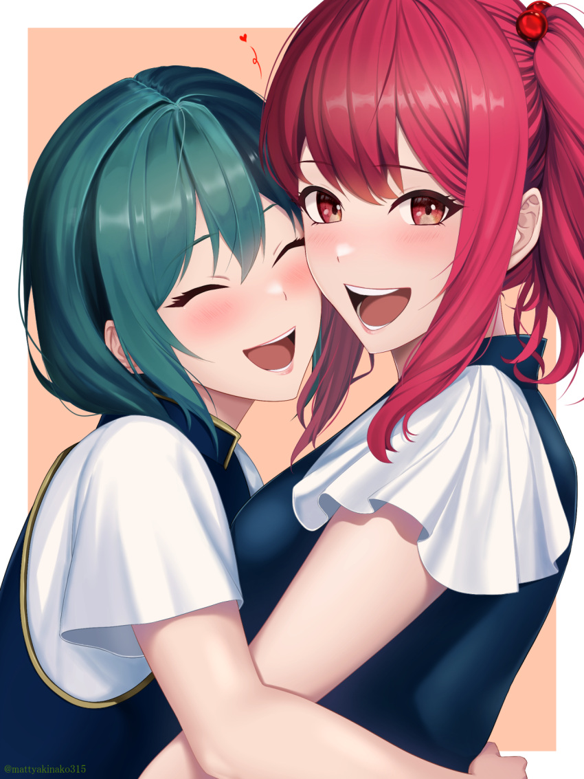 2girls, :d, closed_eyes, from_side, green_hair, hair_bobbles, hair_ornament, highres