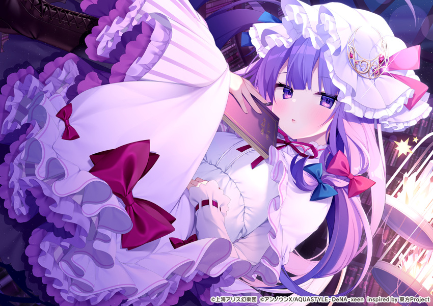 bangs, blunt_bangs, book, crescent, crescent_hair_ornament, crescent_hat_ornament, dress, hair_ornament