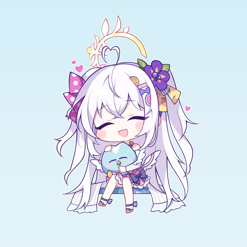 :d, angel_wings, azusa_(blue_archive), azusa_(swimsuit)_(blue_archive), bikini, blue_archive, chibi, closed_eyes