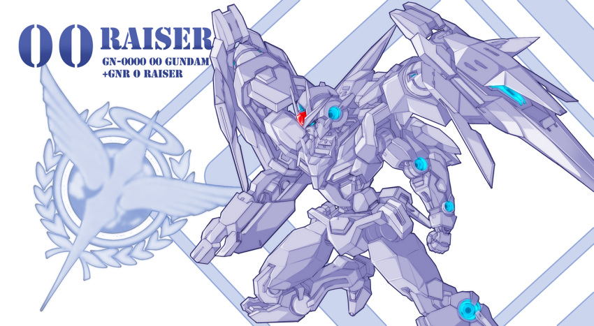 00_raiser, arm_blade, blue_eyes, celestial_being, character_name, commentary_request, energy_gun, english_text