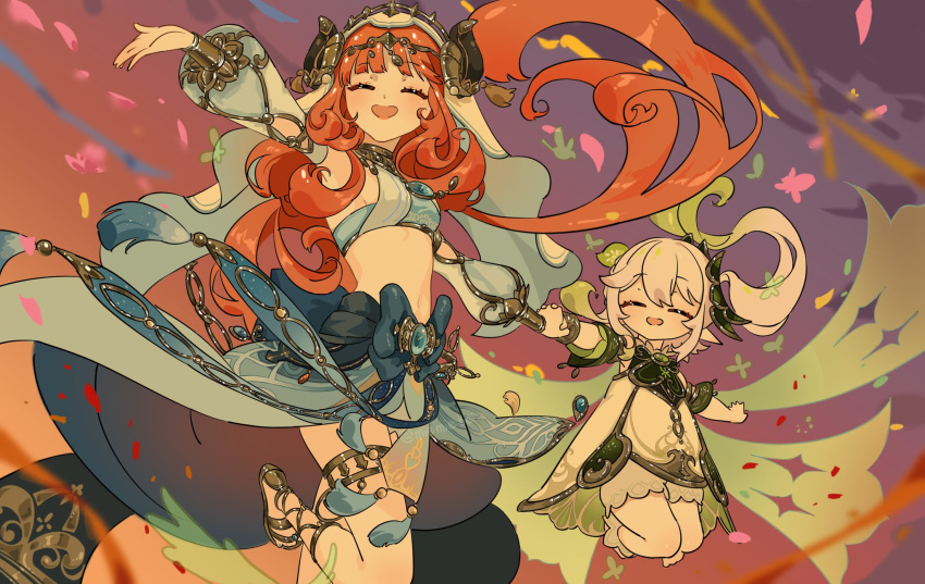 2girls, ^_^, ^o^, arm_up, bloomers, blue_bow, blue_gemstone, blue_skirt, blurry, blurry_foreground, bow, bracer, breasts, brooch, circlet, closed_eyes, colored_tips, detached_sleeves, dress, facing_viewer, falling_petals, floating_hair, foot_out_of_frame, gem, genshin_impact, gold_footwear, gold_trim, green_hair, happy, harem_outfit, highres, holding_hands, horns, interlocked_fingers, jewelry, jumping, leg_up, long_hair, long_sleeves, low_twintails, midriff, miemiebei, multicolored_hair, multiple_girls, nahida_(genshin_impact), navel, neck_ring, nilou_(genshin_impact), orange_sky, outstretched_arm, petals, pointy_ears, ponytail, puffy_long_sleeves, puffy_sleeves, redhead, side-by-side, side_ponytail, skirt, sky, small_breasts, socks, standing, standing_on_one_leg, stomach, thighlet, thighs, twintails, two-tone_hair, underwear, veil, white_bloomers, white_dress, white_hair, white_headwear, white_socks