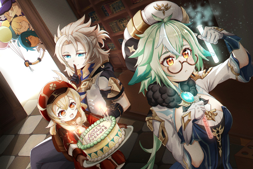 2boys, 4girls, :d, ^_^, ahoge, albedo_(genshin_impact), animal_ears, backpack