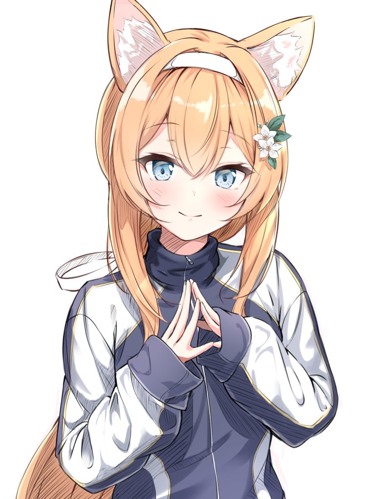 animal_ear_fluff, animal_ears, blue_archive, blue_eyes, emimeku, flower, gym_uniform, hair_flower