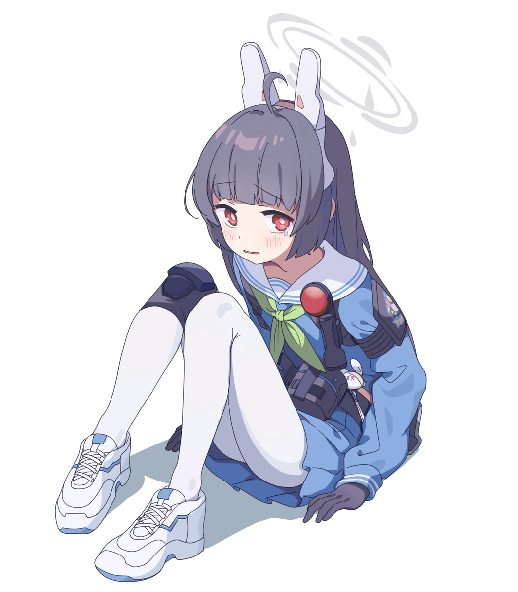 animal_ears, black_hair, blue_archive, blue_serafuku, blue_shirt, blue_skirt, bright_pupils, fake_animal_ears