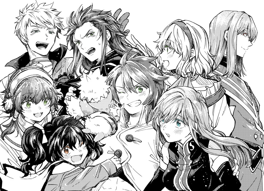 3girls, 5boys, abs, absurdres, anise_tatlin, asch_(tales), bare_shoulders, blue_eyes