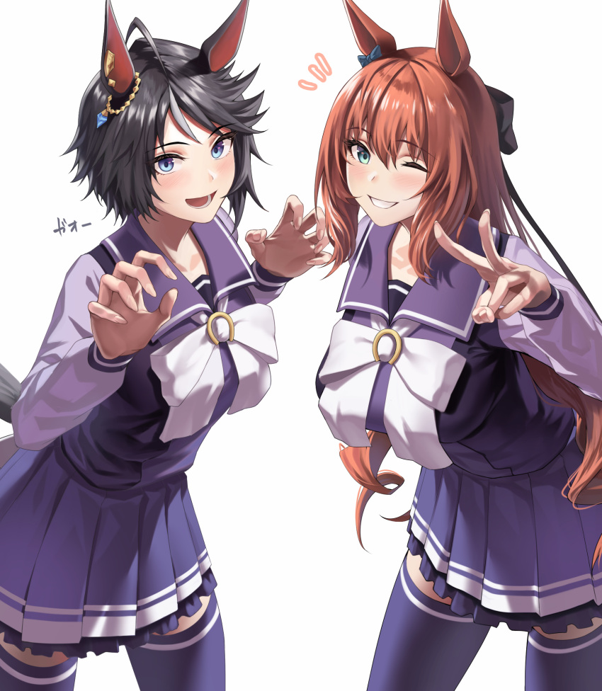 2girls, :d, ahoge, animal_ears, aqua_eyes, bangs, black_bow, black_hair