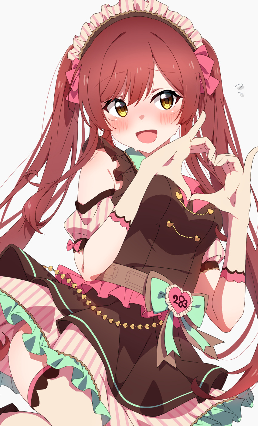 1girl, alternate_hairstyle, bangs, bare_shoulders, blush, brown_dress, detached_sleeves, dress
