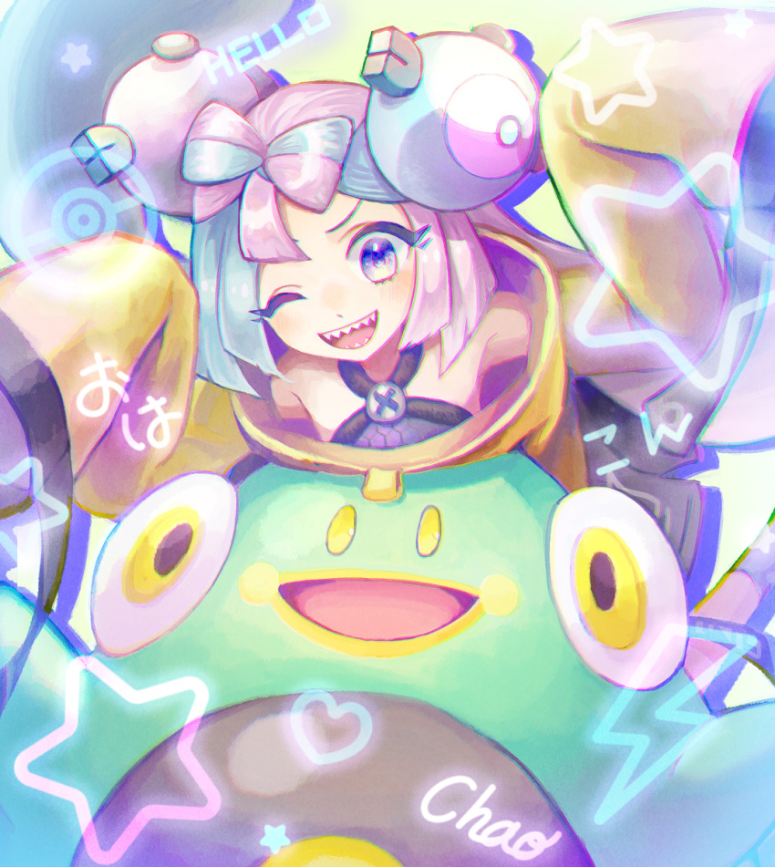 1girl, bellibolt, bow-shaped_hair, character_hair_ornament, hair_ornament, hexagon_print, highres, iono_(pokemon)